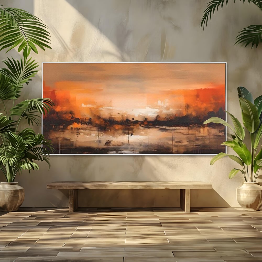 Tablou canvas cu peisaj abstract orizontal in nuante de aramiu, in rama de aluminiu argintiu
